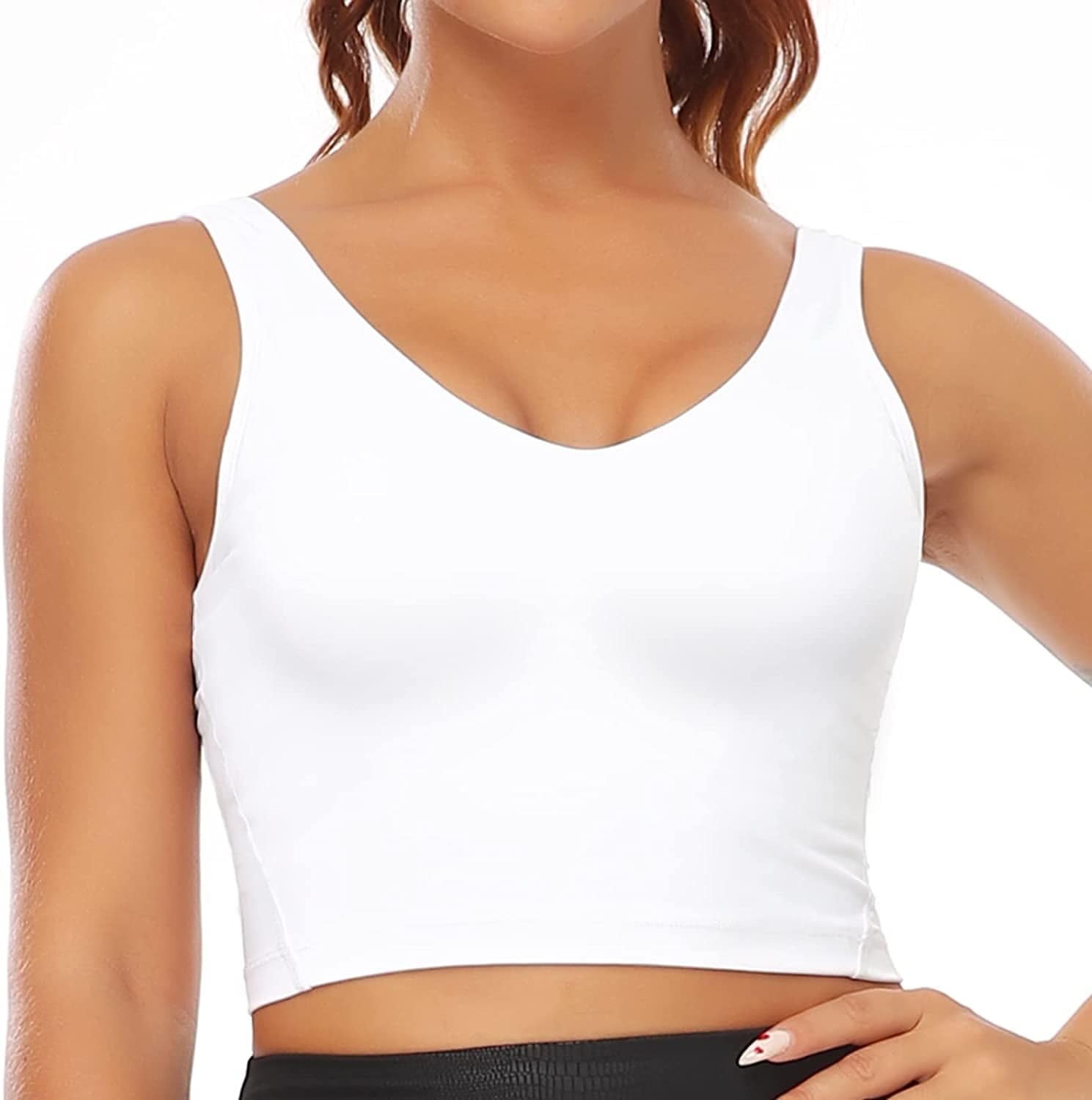 OUYISHANG Strappy Yoga Workout Sports Bras for Women Criss Cross Back Medium Support Running Bra with Removable Cups Y050-white / Medium