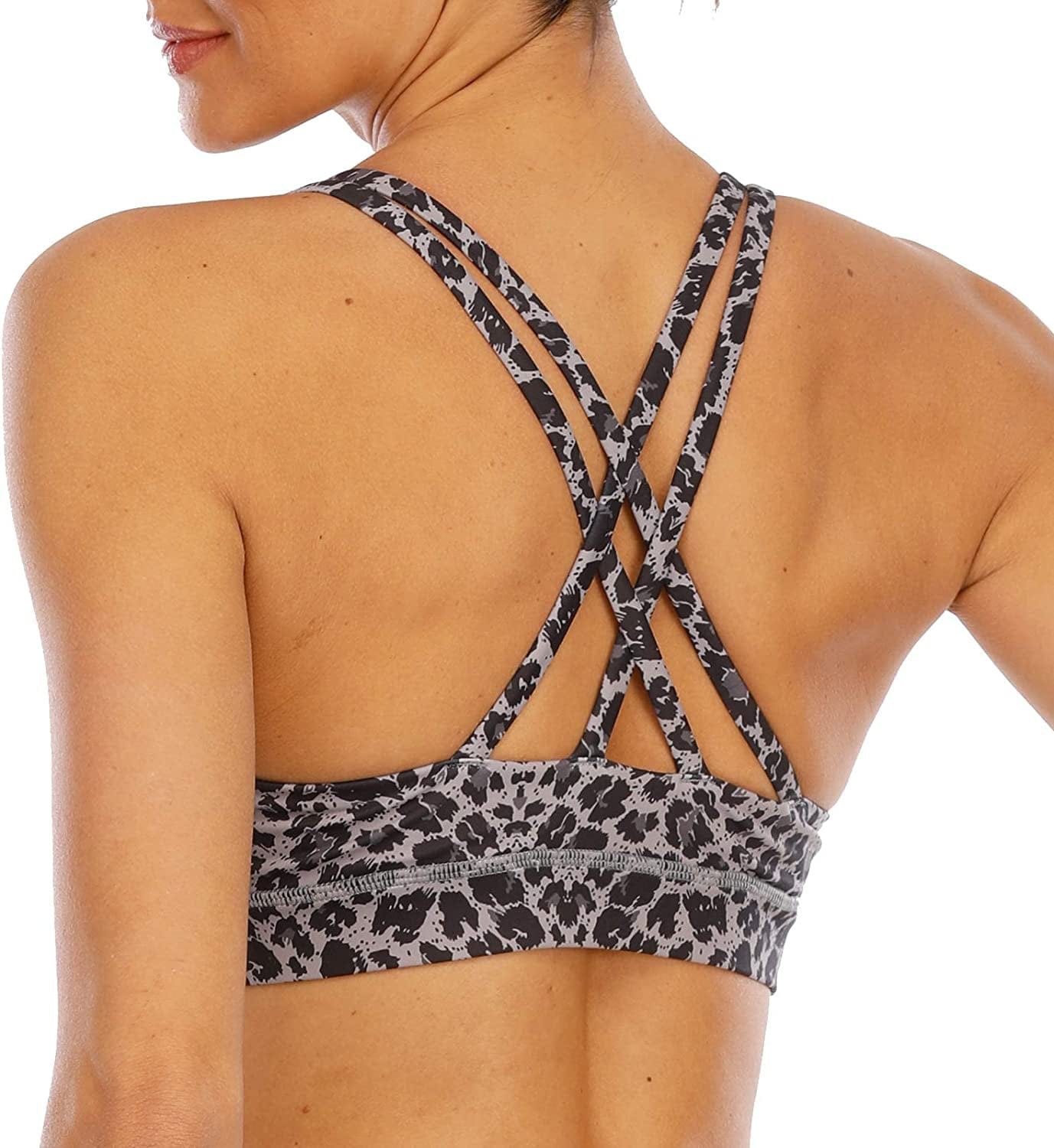 OUYISHANG Strappy Yoga Workout Sports Bras for Women Criss Cross Back Medium Support Running Bra with Removable Cups Y025-black Leopard / Small