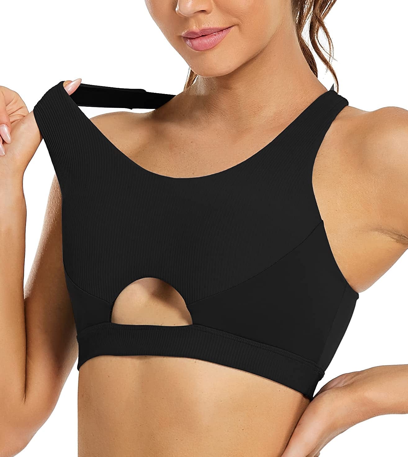 OUYISHANG Strappy Yoga Workout Sports Bras for Women Criss Cross Back Medium Support Running Bra with Removable Cups Black / Large