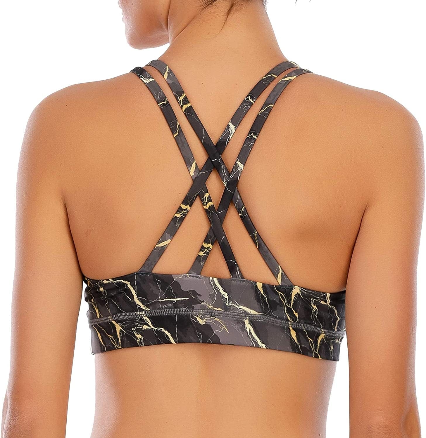 OUYISHANG Strappy Yoga Workout Sports Bras for Women Criss Cross Back Medium Support Running Bra with Removable Cups Y025-rock Texture / Medium