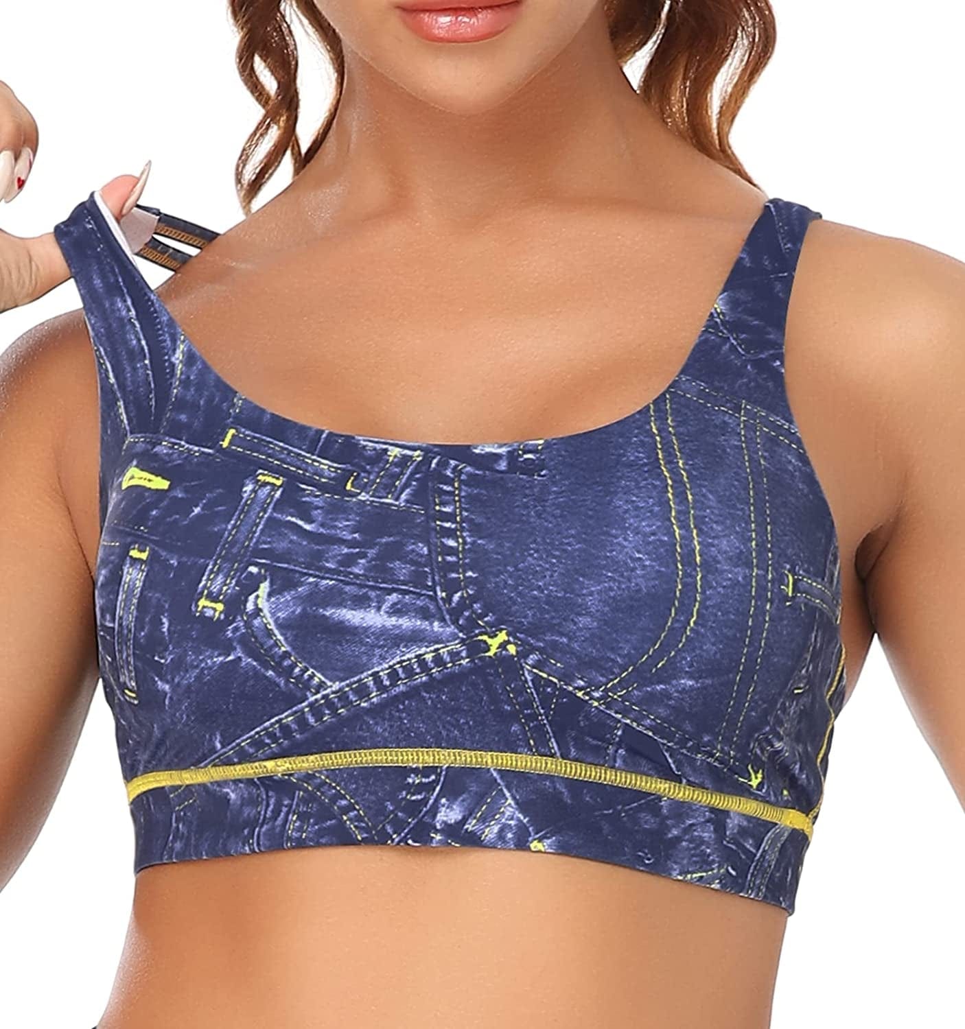 OUYISHANG Strappy Yoga Workout Sports Bras for Women Criss Cross Back Medium Support Running Bra with Removable Cups Y025-denim Print Bra / X-Large