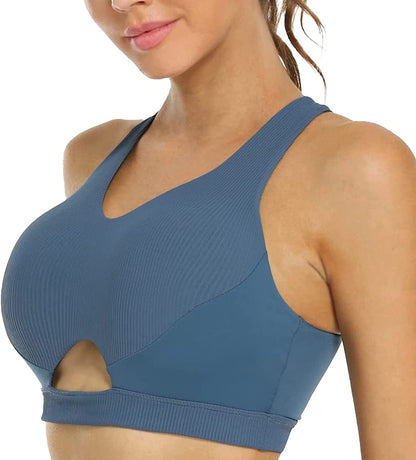 OUYISHANG Strappy Yoga Workout Sports Bras for Women Criss Cross Back Medium Support Running Bra with Removable Cups Hazy Blue / Large