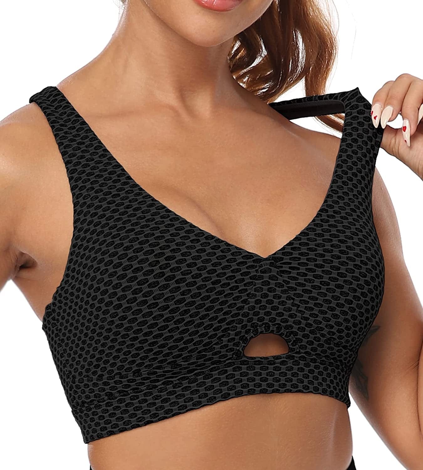 OUYISHANG Strappy Yoga Workout Sports Bras for Women Criss Cross Back Medium Support Running Bra with Removable Cups Textured Black / Medium