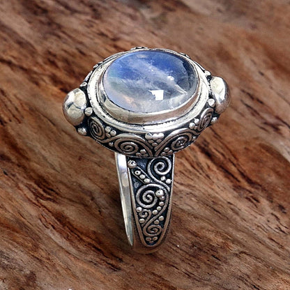 Oval Rainbow Moonstone .925 Sterling Silver Cocktail Ring, Magic Portal'