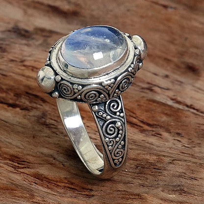 Oval Rainbow Moonstone .925 Sterling Silver Cocktail Ring, Magic Portal'
