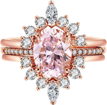 Oval White Opal Stackable Rings Promise Ring for Her 3A Cubic Zirconia Pink Engagement Rings for Women Girls Rose Gold Plated Jewelry Christmas Gift Pink 3Pcs Ring Set / 8