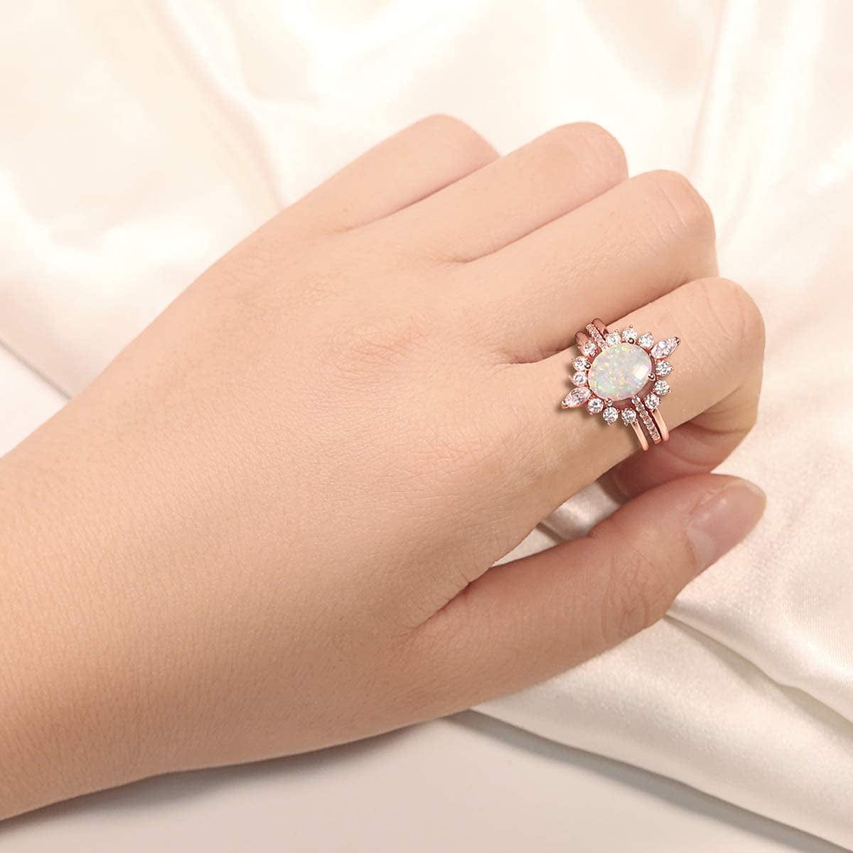 Oval White Opal Stackable Rings Promise Ring for Her 3A Cubic Zirconia Pink Engagement Rings for Women Girls Rose Gold Plated Jewelry Christmas Gift