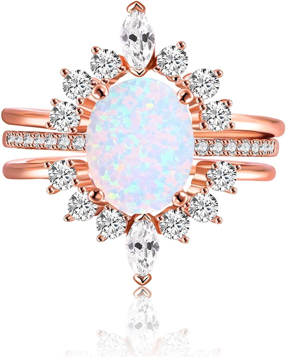 Oval White Opal Stackable Rings Promise Ring for Her 3A Cubic Zirconia Pink Engagement Rings for Women Girls Rose Gold Plated Jewelry Christmas Gift Opal 3Pcs Ring Set / 7
