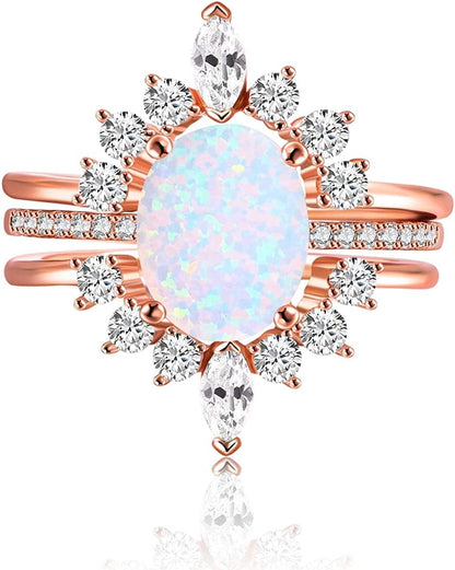 Oval White Opal Stackable Rings Promise Ring for Her 3A Cubic Zirconia Pink Engagement Rings for Women Girls Rose Gold Plated Jewelry Christmas Gift Opal 3Pcs Ring Set / 7