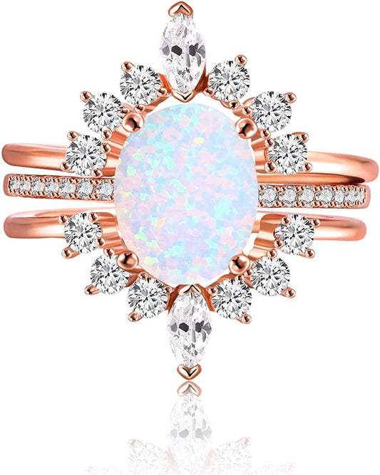 Oval White Opal Stackable Rings Promise Ring for Her 3A Cubic Zirconia Pink Engagement Rings for Women Girls Rose Gold Plated Jewelry Christmas Gift Opal 3Pcs Ring Set / 7