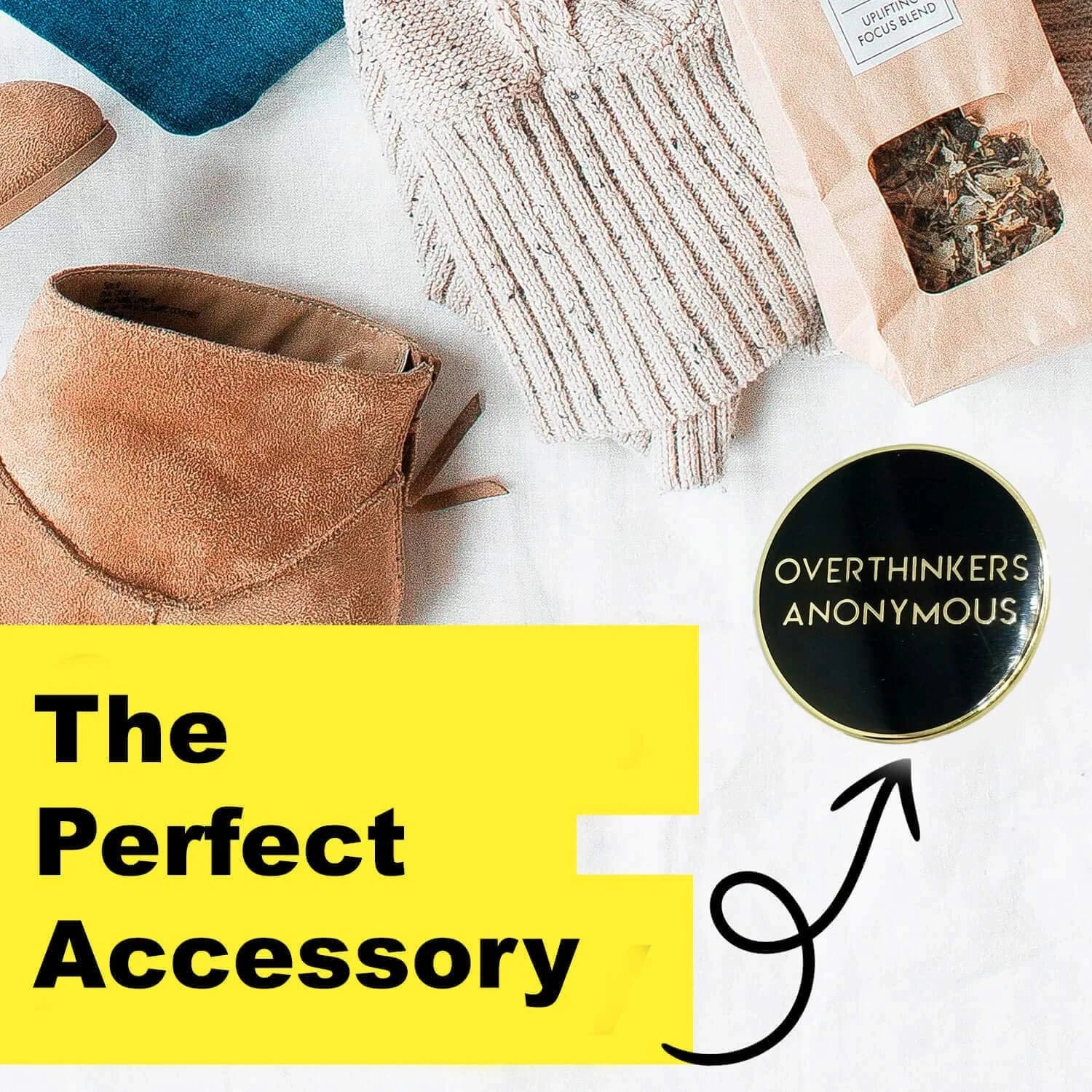 Overthinkers Anonymous Funny Enamel Lapel Pin. 1.1 Inch Size. Black Gold Enamel Pins, Hat Pins, Jean Pins, Backpack Pins