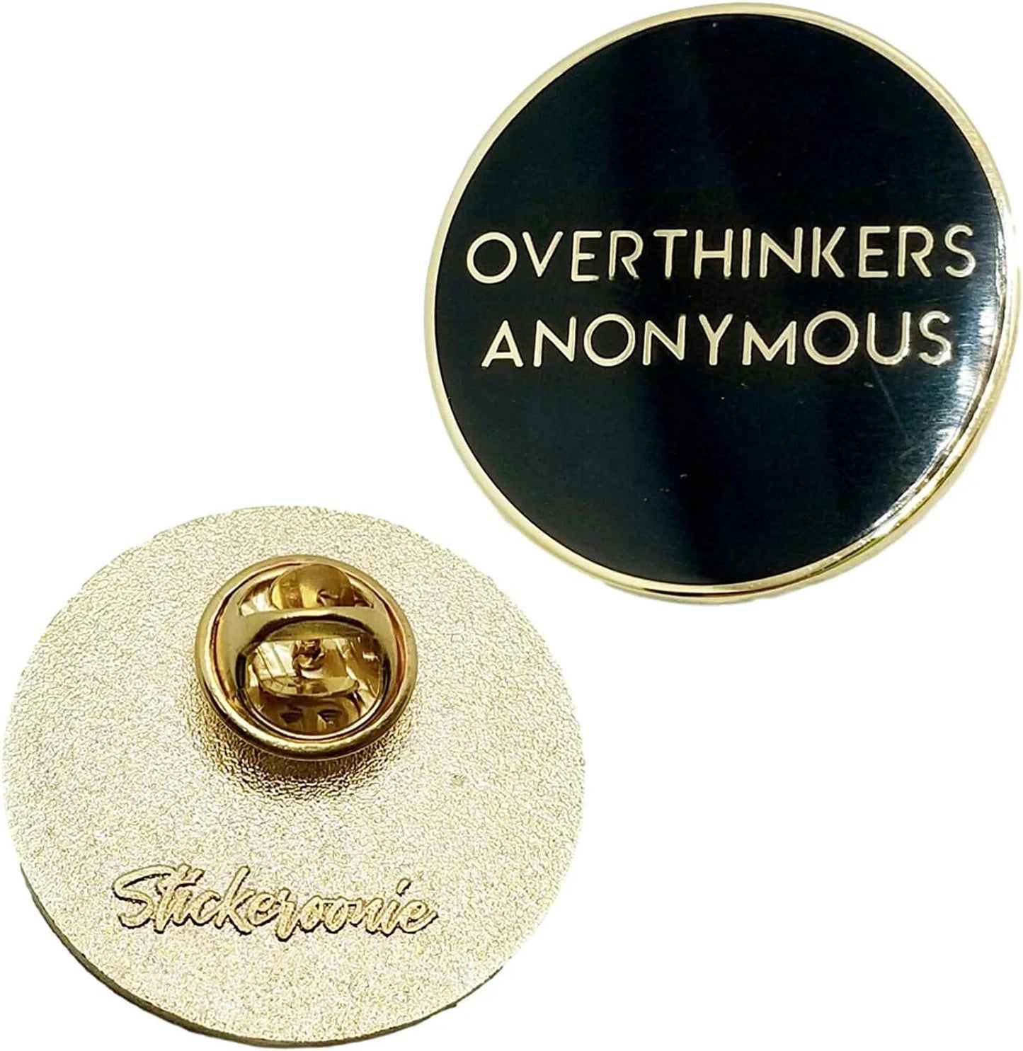 Overthinkers Anonymous Funny Enamel Lapel Pin. 1.1 Inch Size. Black Gold Enamel Pins, Hat Pins, Jean Pins, Backpack Pins