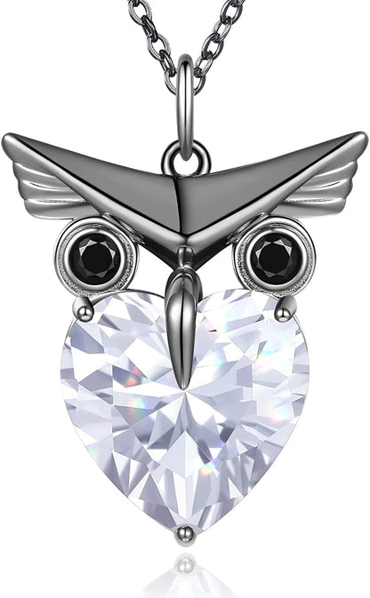 Owl Heart Pendant Necklaces for Women 925 Sterling Silver Zirconia Animal Pendant Necklace Mother'S Day Jewelry Gifts for Mom Daughter Sister Grandma Wife Her Black-White