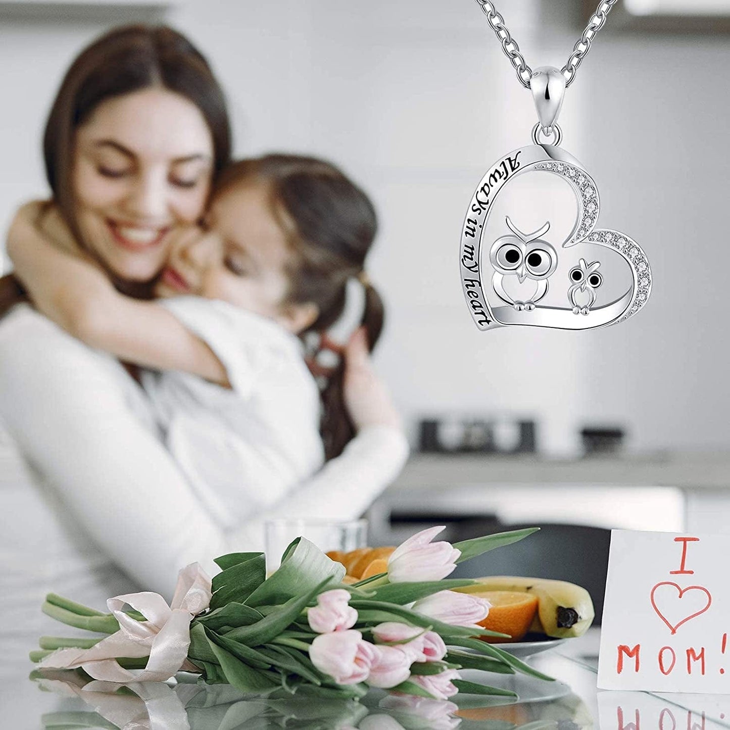 Owl Necklaces for Women Girls 925 Sterling Silver Mother Daughter Cute Owl Always in My Heart Pendant Necklace Animal Jewelry for Birthday Mother'S Day Gift