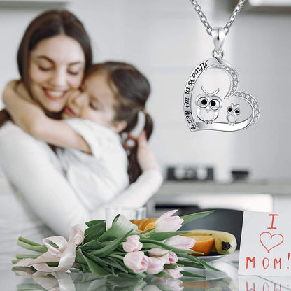 Owl Necklaces for Women Girls 925 Sterling Silver Mother Daughter Cute Owl Always in My Heart Pendant Necklace Animal Jewelry for Birthday Mother'S Day Gift