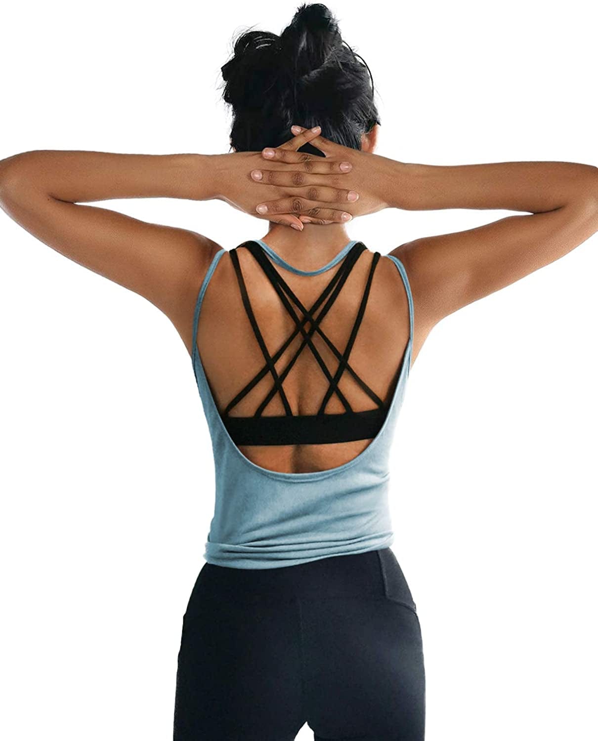 OYANUS Womens Summer Workout Tops Sexy Backless Yoga Shirts Open Back Activewear Running Sports Gym Quick Dry Tank Tops Lightblue / Small