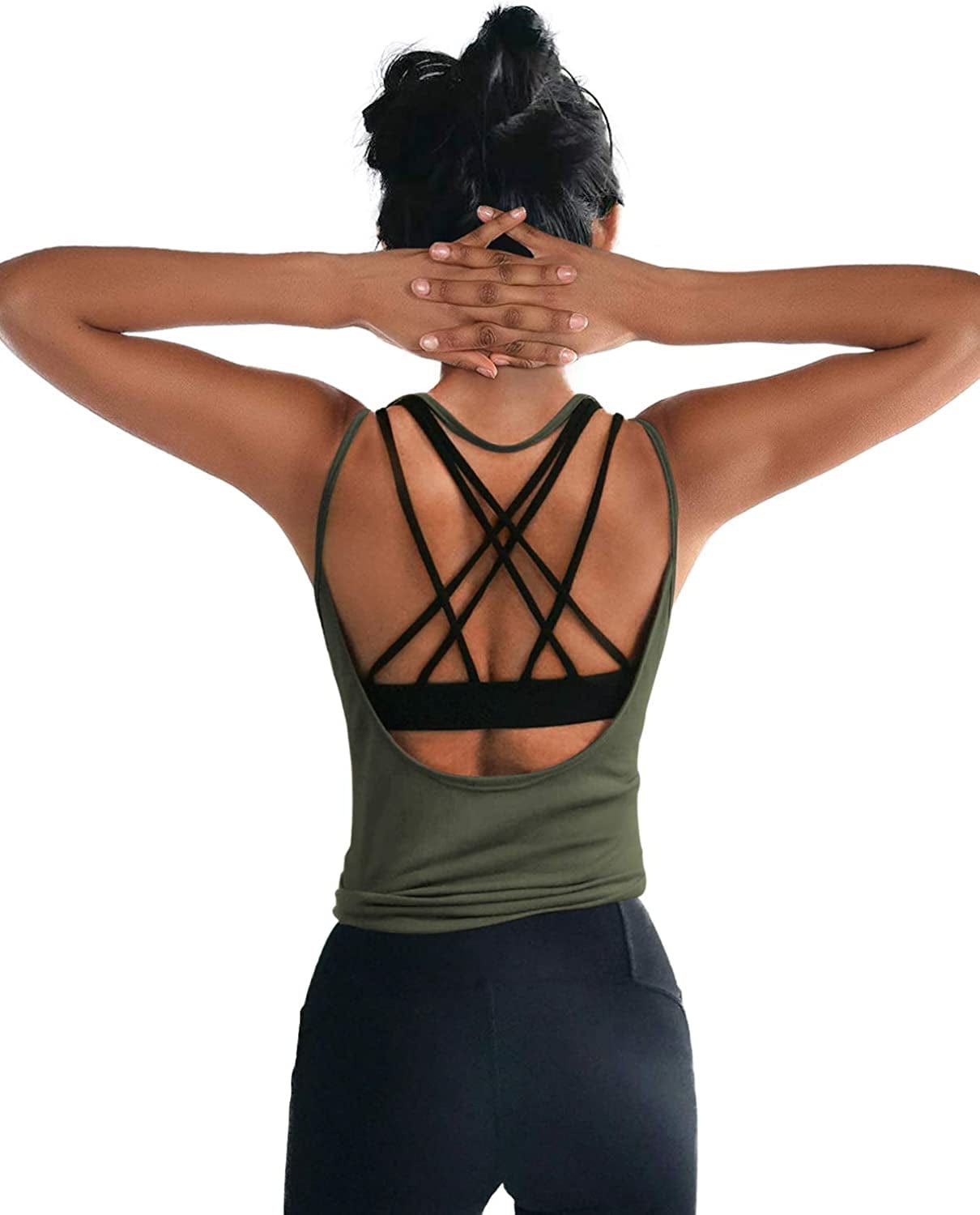 OYANUS Womens Summer Workout Tops Sexy Backless Yoga Shirts Open Back Activewear Running Sports Gym Quick Dry Tank Tops Olive / Medium