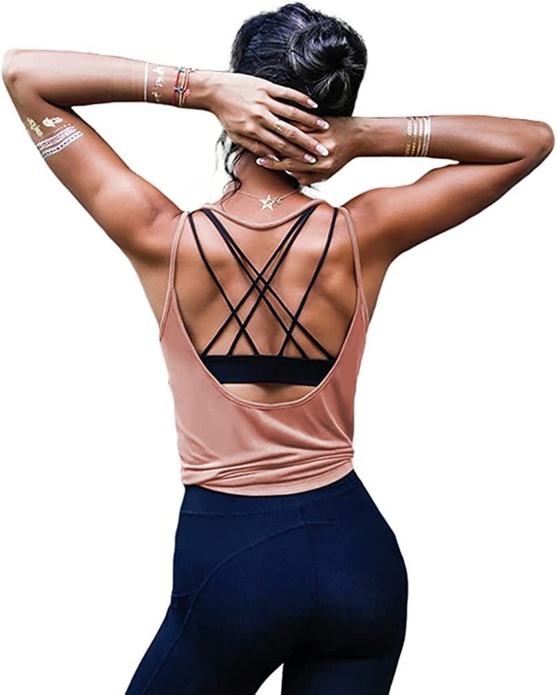 OYANUS Womens Summer Workout Tops Sexy Backless Yoga Shirts Open Back Activewear Running Sports Gym Quick Dry Tank Tops Cameo / Medium