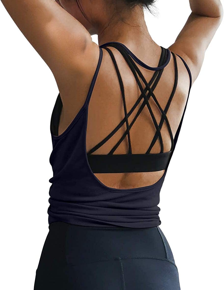 OYANUS Womens Summer Workout Tops Sexy Backless Yoga Shirts Open Back Activewear Running Sports Gym Quick Dry Tank Tops Navy / Medium