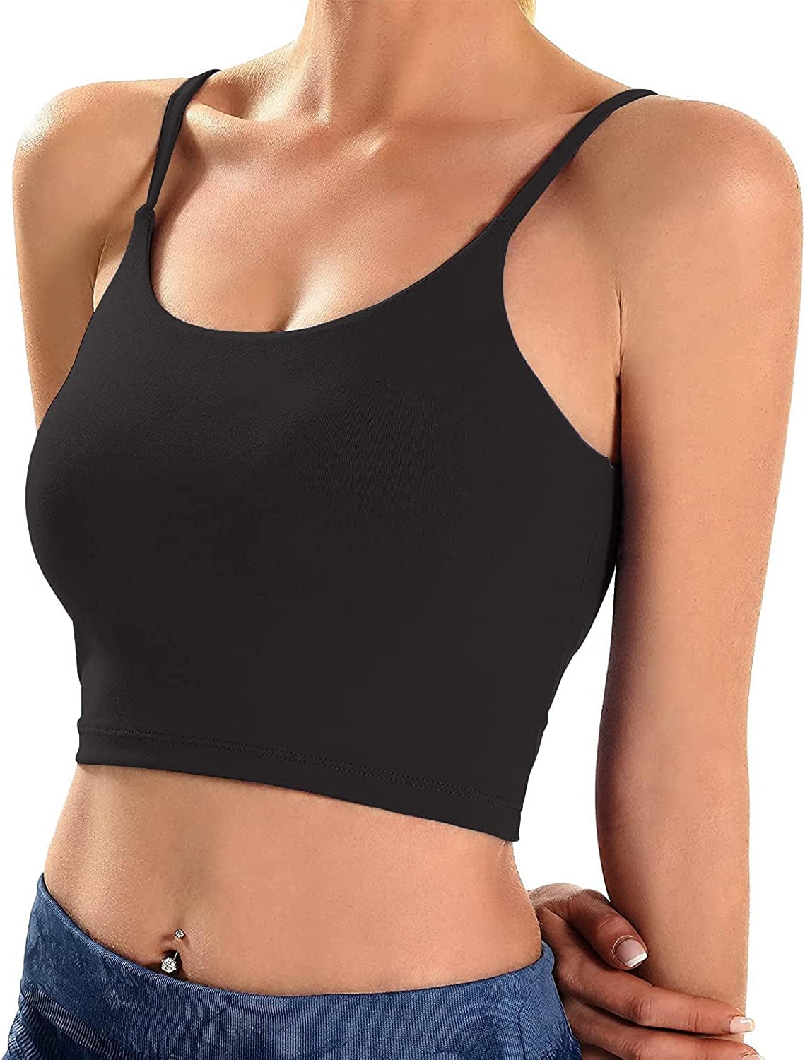 Padded Crop Tank Workout Tops for Women Athletic Fitness Gym Yoga Summer Top Spaghetti Strap Camisole Build in Bra Black Top / X-Large