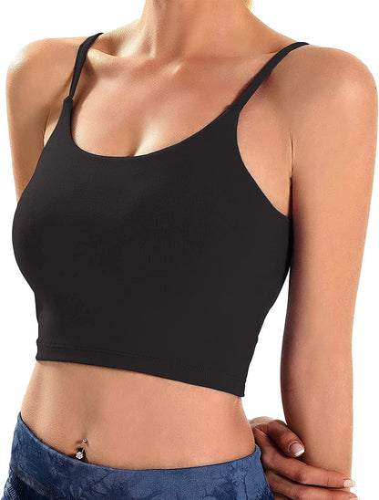 Padded Crop Tank Workout Tops for Women Athletic Fitness Gym Yoga Summer Top Spaghetti Strap Camisole Build in Bra Black Top / X-Large