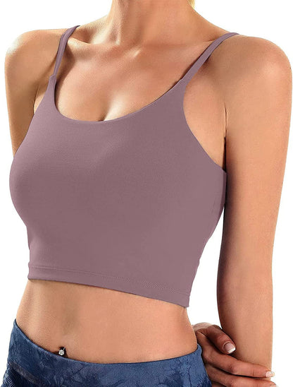 Padded Crop Tank Workout Tops for Women Athletic Fitness Gym Yoga Summer Top Spaghetti Strap Camisole Build in Bra Purple Top / X-Large