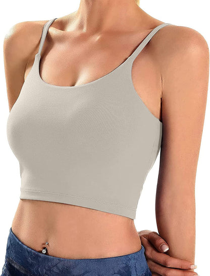 Padded Crop Tank Workout Tops for Women Athletic Fitness Gym Yoga Summer Top Spaghetti Strap Camisole Build in Bra Grey Top / X-Large