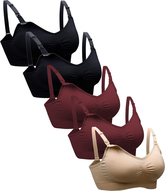 Padded Nursing Bra for Women Sleep Maternity Bralette for Breastfeeding Pack of 5 2black2red1beige / X-Large