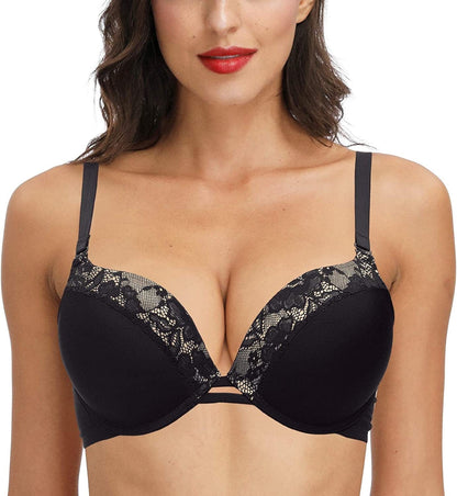 Padded Push up Bra Lift Underwire Support Plunge T Shirt Brassiere for Women Add One Cup Black / 40C
