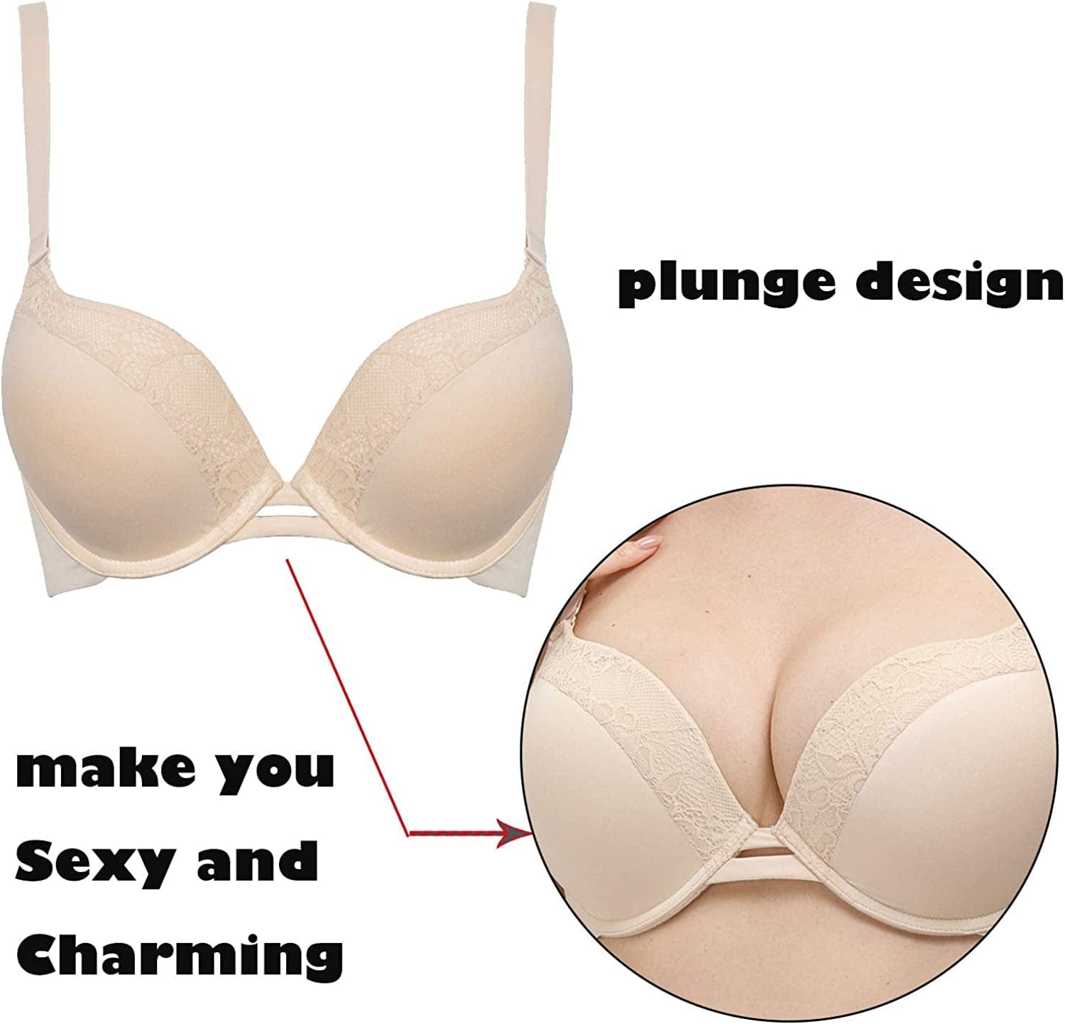 Padded Push up Bra Lift Underwire Support Plunge T Shirt Brassiere for Women Add One Cup