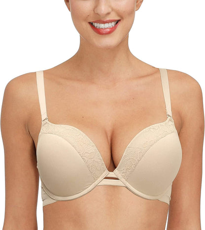 Padded Push up Bra Lift Underwire Support Plunge T Shirt Brassiere for Women Add One Cup Nude / 38A