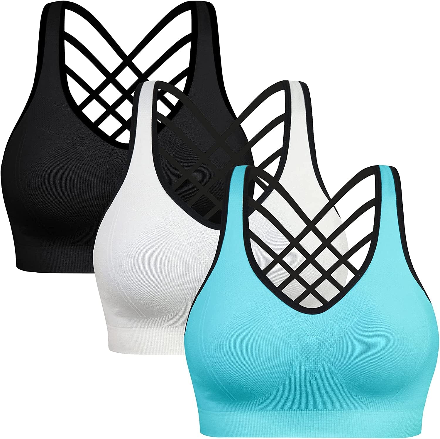 Padded Sports Bras for Women - Activewear Tops for Yoga Running Fitness Pack of 3 Black White Blue / XX-Large