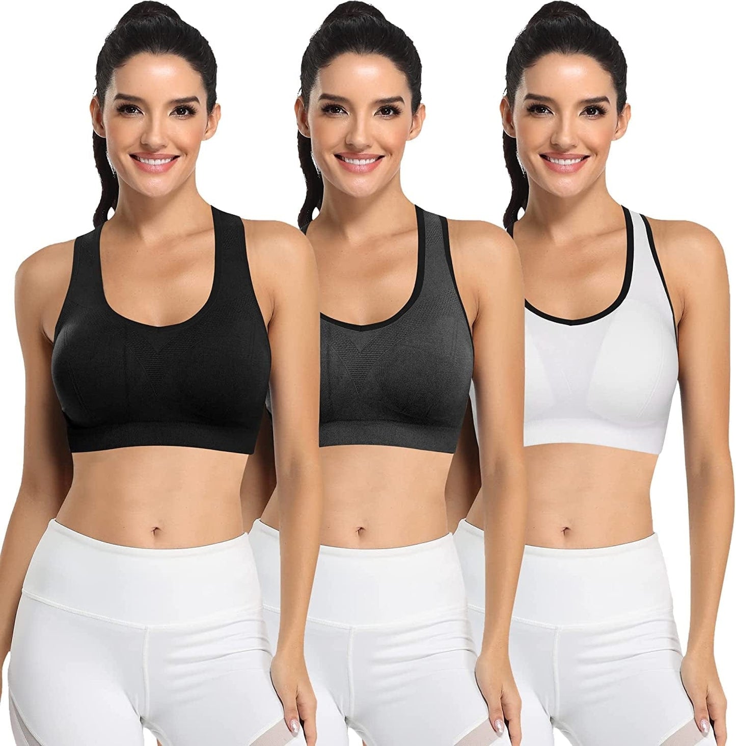 Padded Sports Bras for Women - Activewear Tops for Yoga Running Fitness Pack of 3 Black Gray White / X-Large