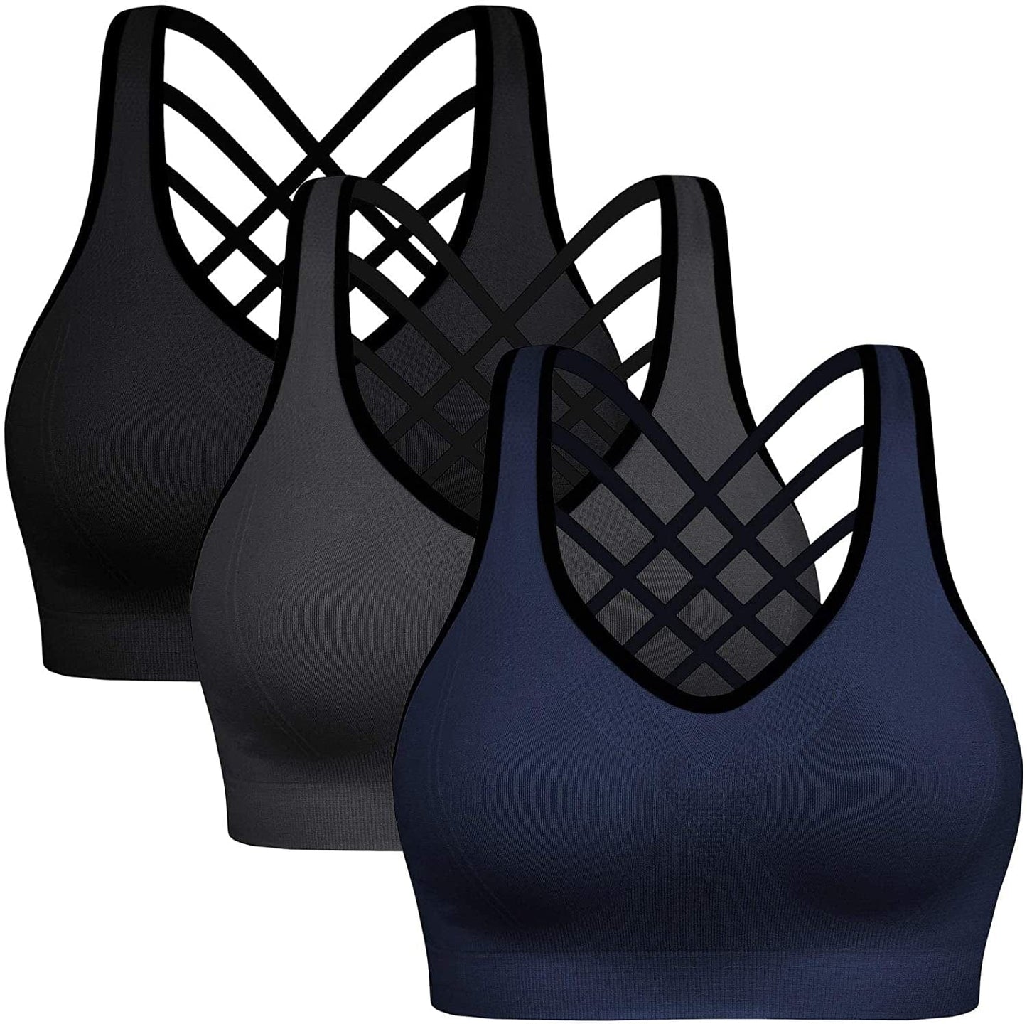 Padded Sports Bras for Women - Activewear Tops for Yoga Running Fitness Pack of 3 Black Gray Blue / Medium