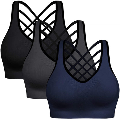 Padded Sports Bras for Women - Activewear Tops for Yoga Running Fitness Pack of 3 Black Gray Blue / Medium