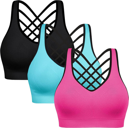 Padded Sports Bras for Women - Activewear Tops for Yoga Running Fitness Pack of 3 Black Blue Hotpink / Small