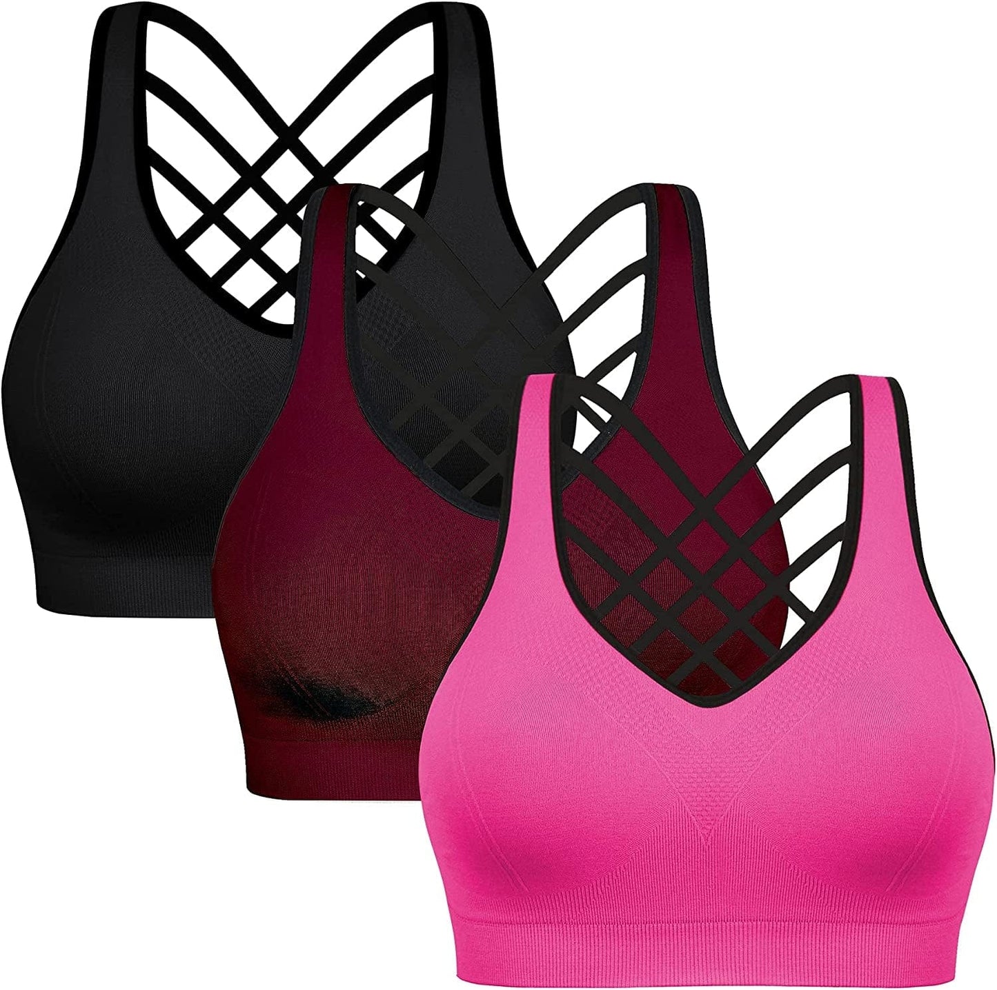 Padded Sports Bras for Women - Activewear Tops for Yoga Running Fitness Pack of 3 Black Hotpink Burgundy / Small