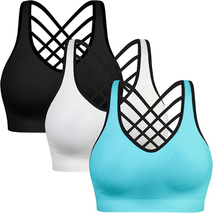 Padded Sports Bras for Women - Activewear Tops for Yoga Running Fitness Pack of 3 Black White Blue / XX-Large