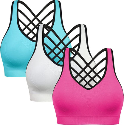 Padded Sports Bras for Women - Activewear Tops for Yoga Running Fitness Pack of 3 New Hotpink Blue White / Small