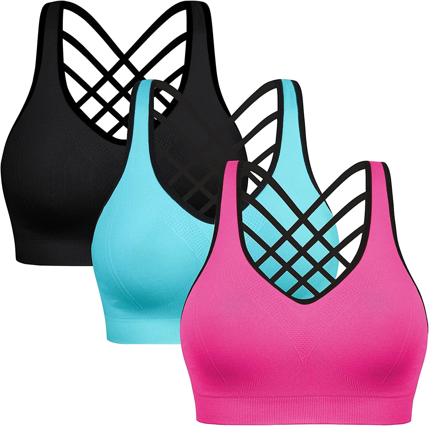 Padded Sports Bras for Women - Activewear Tops for Yoga Running Fitness Pack of 3 Black Blue Hotpink / Small
