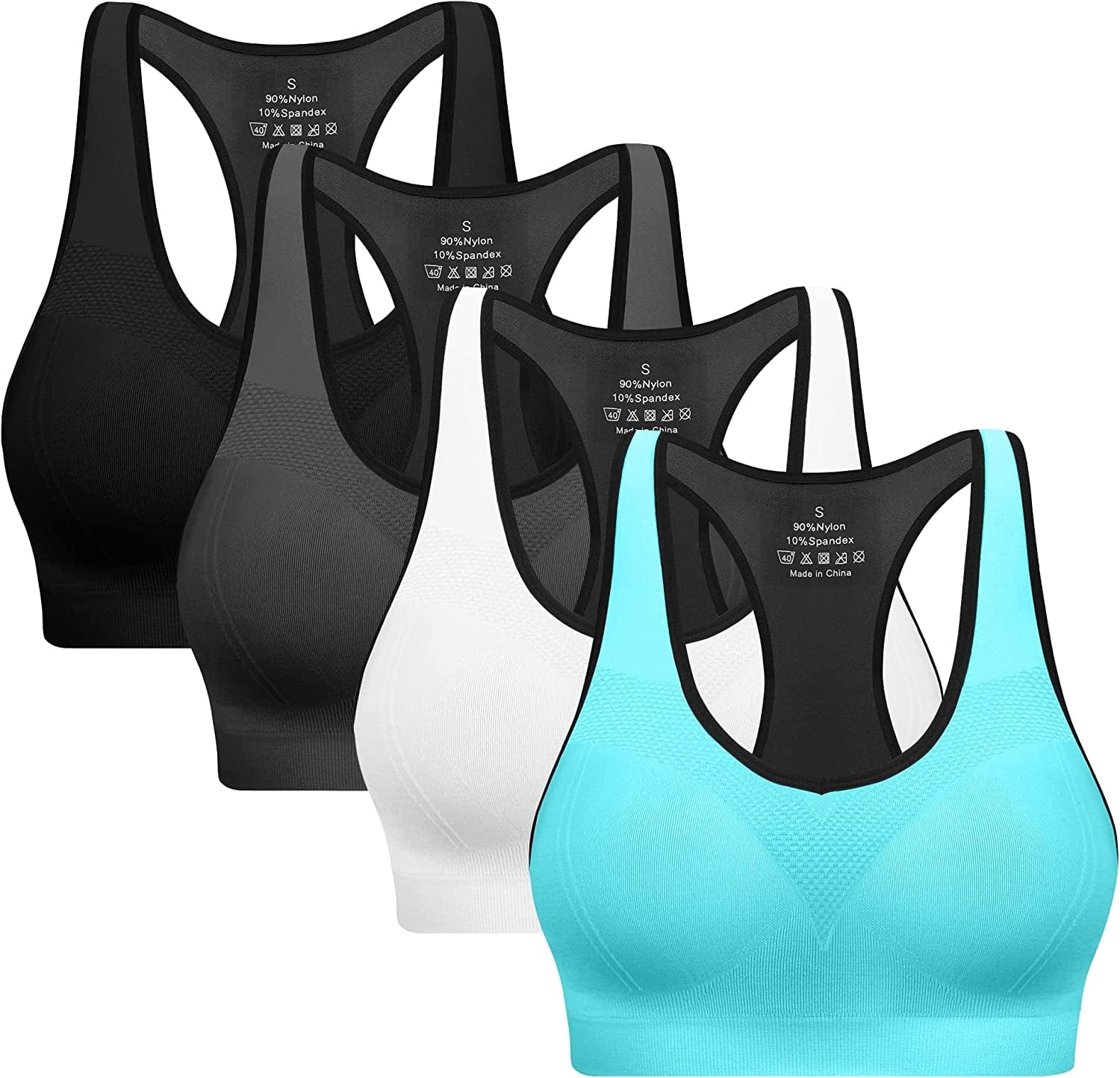 Padded Sports Bras for Women - Activewear Tops for Yoga Running Fitness Pack of 3 Black/Grey/Blue/White / 3X-Large