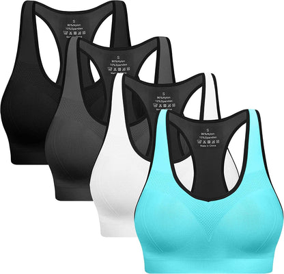 Padded Sports Bras for Women - Activewear Tops for Yoga Running Fitness Pack of 3 Black/Grey/Blue/White / 3X-Large