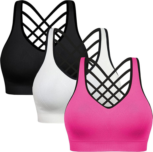 Padded Sports Bras for Women - Activewear Tops for Yoga Running Fitness Pack of 3 Black White Hotpink / Small