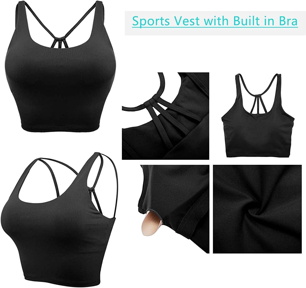 Padded Strappy Sports Bra for Women Longline Yoga Tank Top Fitness Bra Camisole Crop Tops Workout Running
