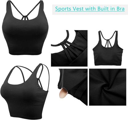 Padded Strappy Sports Bra for Women Longline Yoga Tank Top Fitness Bra Camisole Crop Tops Workout Running