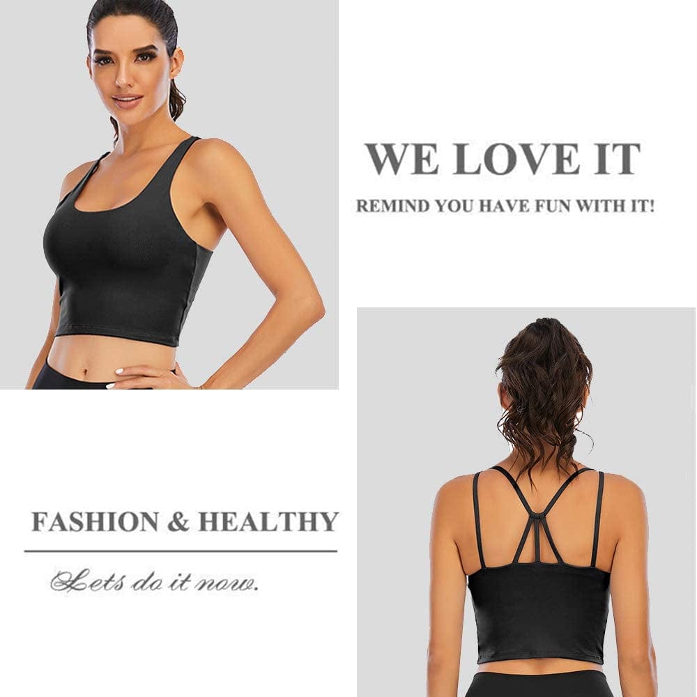 Padded Strappy Sports Bra for Women Longline Yoga Tank Top Fitness Bra Camisole Crop Tops Workout Running