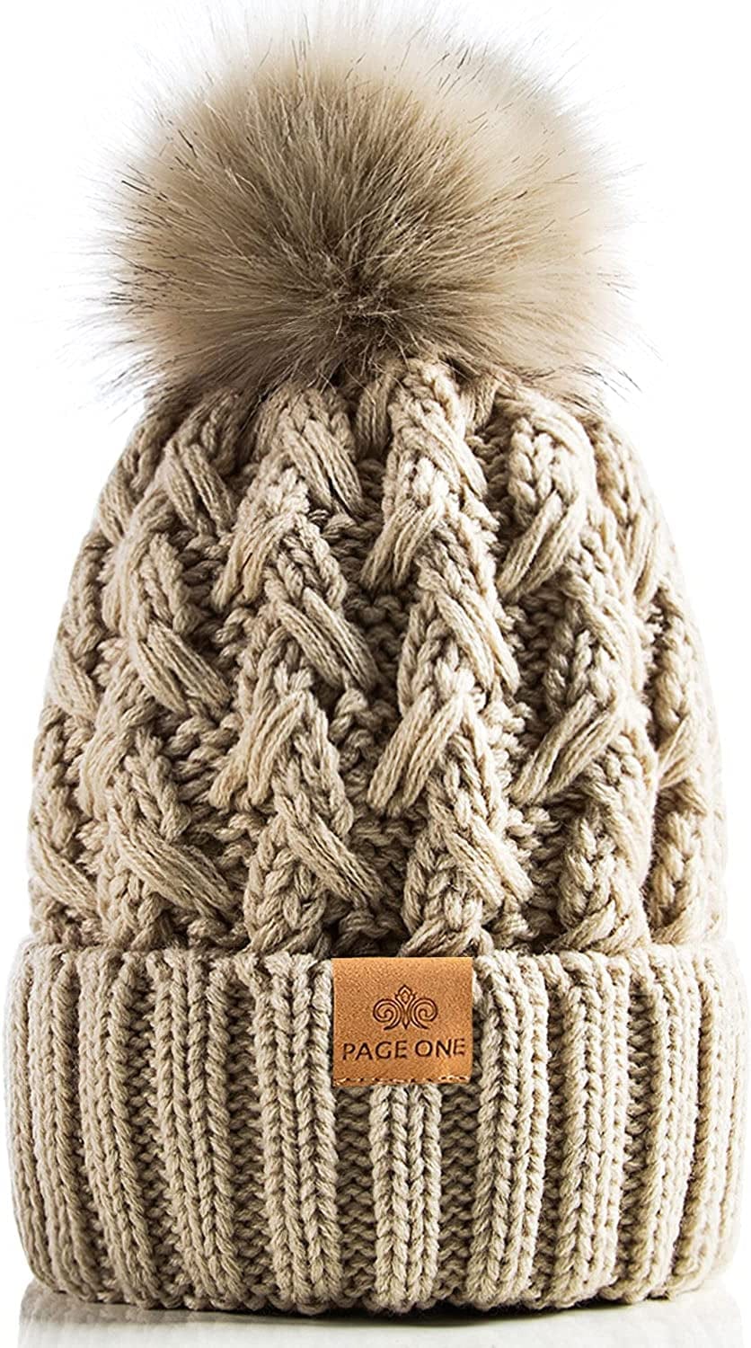 PAGE ONE Womens Winter Ribbed Beanie Crossed Cap Chunky Cable Knit Pompom Soft Warm Hat Apparel & Accessories > Clothing Accessories > Hats PAGE ONE Oatmeal  