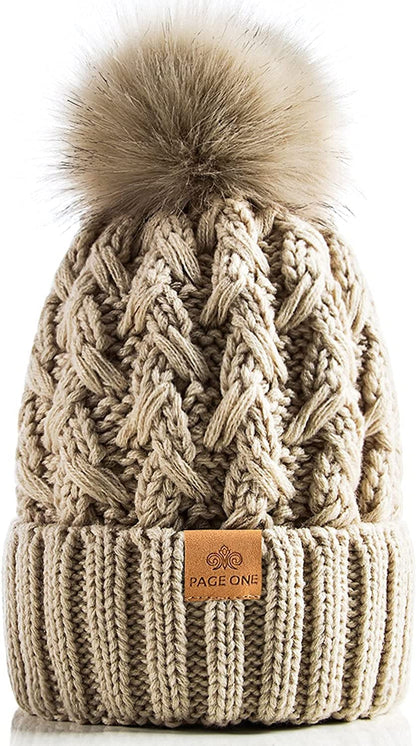 PAGE ONE Womens Winter Ribbed Beanie Crossed Cap Chunky Cable Knit Pompom Soft Warm Hat Apparel & Accessories > Clothing Accessories > Hats PAGE ONE Oatmeal  