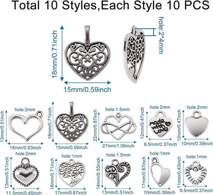 Pandahall 100Pcs Tibetan Style Heart Alloy Pendants 9.5-18 X 9.5-17Mm 10 Style Antique Silver Sweet Heart Charms for DIY Earring Bracelet Jewelry Making