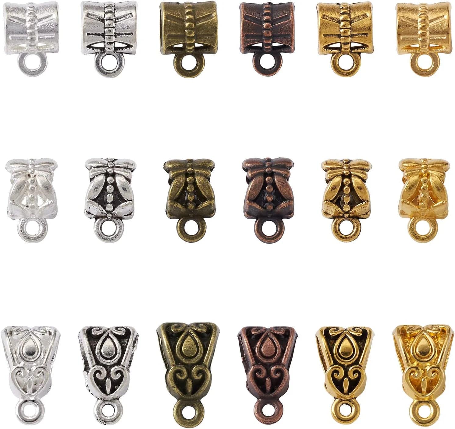 Pandahall 200Pcs Silver Column Bail Beads Slide Charm Carrier Hanger Links Bohemian Style 9X6X4Mm for European Charm Bracelet Pendant 3 Shapes